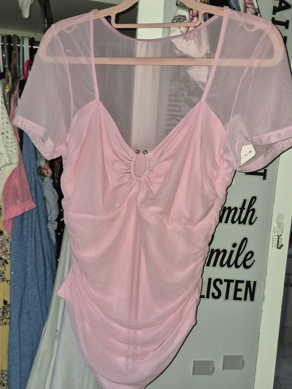 FeelinGirl Sheer Mesh Pink Ruched Women's Body Suit Nwt Size Xl